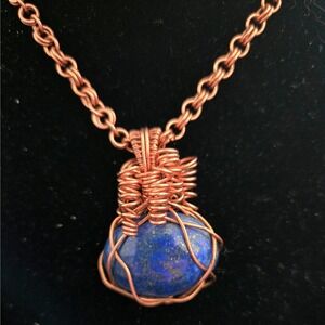 Handmade Copper Wire Wrapped Lapis Lazuli Pendant Necklace Blue‎ Stone 22 Inch